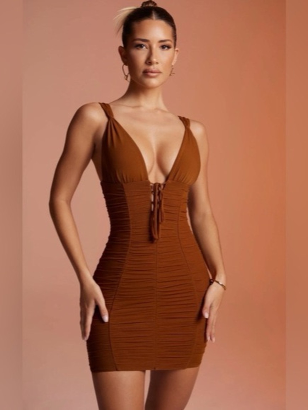 Oh Polly Ruched Mini Dress in Brown Size Medium NWT